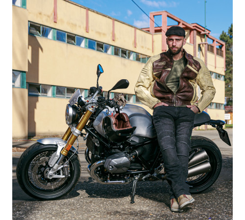 Чоловіча шкіряна мото куртка W-TEC Retro - коричнево-бежевий/M