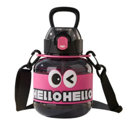 Дитяча пляшка для води Yiwu HELLO-HELLO 680 мл з ремінцем, чорно-рожева