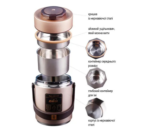 Термос для їжі TS Kitchen King Boss 1,5 л з двома контейнерами з нержавіючої сталі, червоний