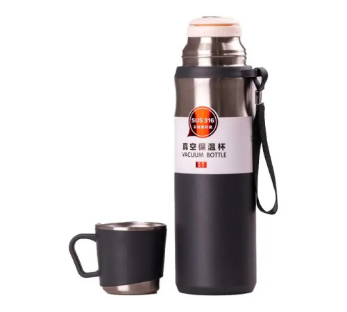 Термос з чашкою і ремінцем Happy Life 600 мл, сірий