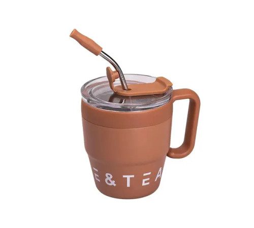 Термочашка Yiwu Coffee & Tea HP-14-23BR 480 мл з трубочкою і подвійним відкриванням, коричнева Термочашка Yiwu Coffee & Tea HP-14-23BR 480 мл з трубочкою і подвійним відкриванням, коричнева