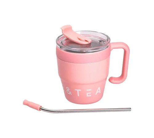 Термочашка Yiwu Coffee & Tea HP-14-23P 480 мл з трубочкою і подвійним відкриванням, рожева Термочашка Yiwu Coffee & Tea HP-14-23P 480 мл з трубочкою і подвійним відкриванням, рожева