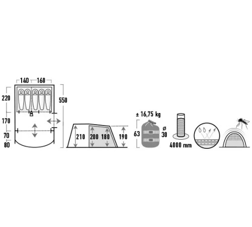 Намет п'ятимісний High Peak Garda 5.0, 550 х 320 х 210 см, темно-сірий/зелений