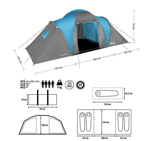Намет кемпінговий NILS CAMP NC6431 HIGHLAND IV сіро-блакитний