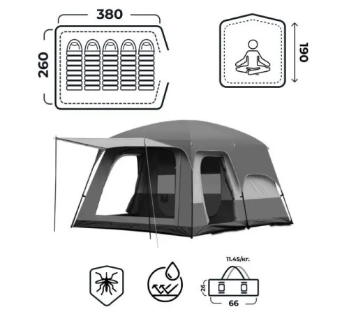 Намет кемпінговий на 6-8 осіб LU006, 380 х 260 х 190 см з тентом, зелений