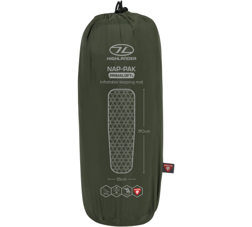Килимок надувний Highlander Nap-Pak Inflatable Sleeping Mat PrimaLoft AIR072-OG 190x55 см, оливковий