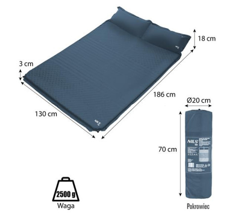 Килимок двомісний самонадувний з подушкою NILS CAMP NC4060, 186 х 130 х 3 см - сірий