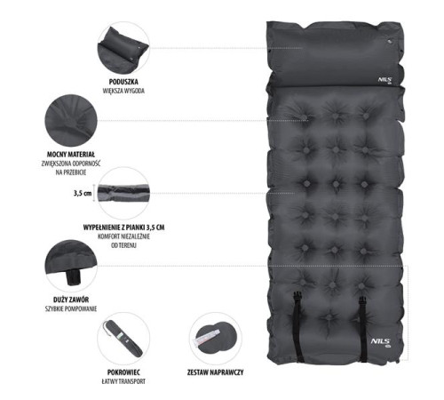 Килимок самонадувний NILS CAMP NC4018, 188 х 66 х 3,5 см - темно-сірий