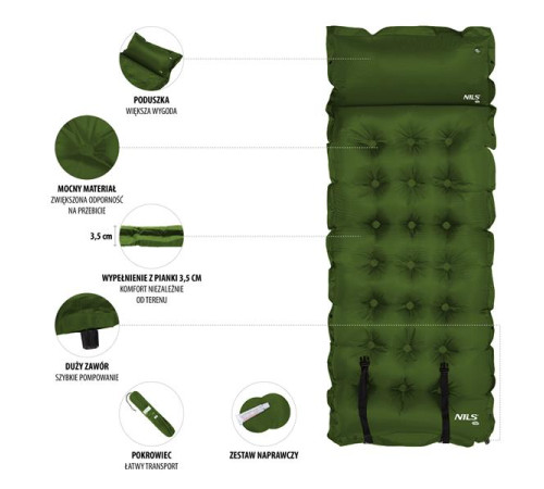 Килимок самонадувний NILS CAMP NC4018, 188 х 66 х 3,5 см - темно-зелений