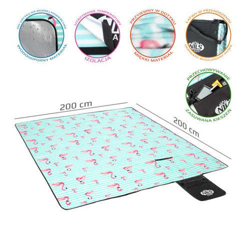 Покривало для пікніка NILS CAMP NC8005 FLAMINGO 200x200 см - бірюзово-рожевий