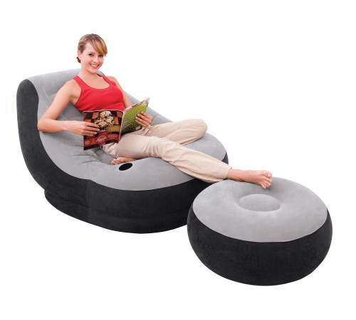Крісло надувне Intex 68564 з пуфом 130 х 99 х 76 см, чорно-сіре