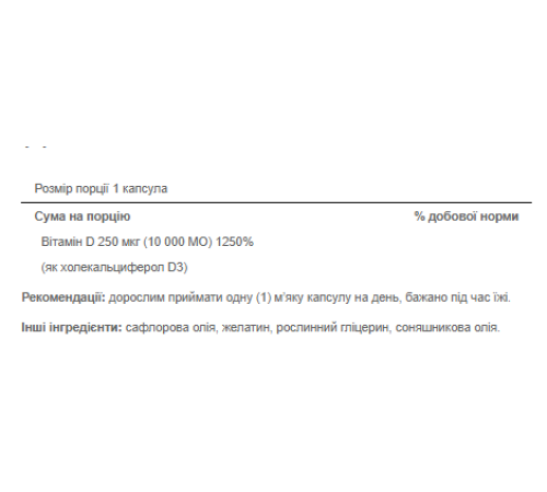 Вітамін Vitamin D3 250мкг (10000 IU) Mega-Potency - 100 капсул Вітамін Vitamin D3 250мкг (10000 IU) Mega-Potency - 100 капсул