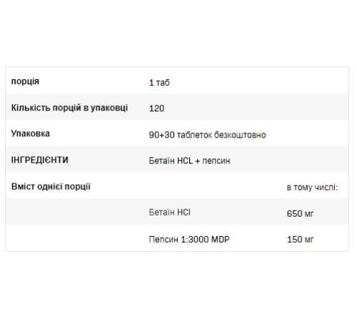 Betaine HCL+Pepsin - 120caps Betaine HCL+Pepsin - 120caps