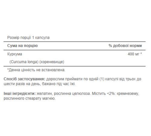 Куркума Turmeric 400мг - 100 капсул Куркума Turmeric 400мг - 100 капсул