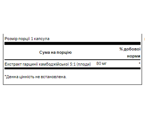 Гідроксицитринова кислота Garcinia Cambogia 5:1 Extract 80мг - 60 капсул Гідроксицитринова кислота Garcinia Cambogia 5:1 Extract 80мг - 60 капсул