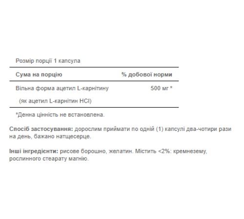 Ацетил L-карнітин (Acetyl L-Carnitine) 500мг - 60 Капсули Ацетил L-карнітин (Acetyl L-Carnitine) 500мг - 60 Капсули