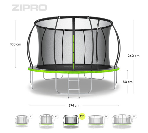 Батут Zipro Jump Pro Premium з внутрішньої сіткою 12 футів 374 см чорно-зелений