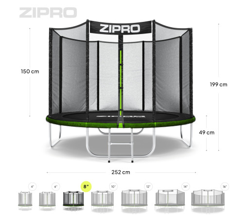 Батут Zipro Jump Pro з зовнішньою сіткою 8 футів 252 см чорно-зелений Батут Zipro Jump Pro з зовнішньою сіткою 8 футів 252 см чорно-зелений
