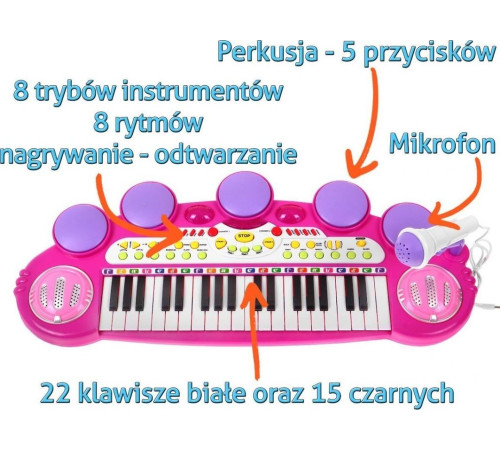 Рожевий музичний набір Синтезатор + Малі барабани + Мікрофон для дітей 3+ світла + звуки 3 октави Рожевий музичний набір Синтезатор + Малі барабани + Мікрофон для дітей 3+ світла + звуки 3 октави