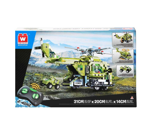 Дитячий конструктор Alpha Військовий гелікоптер та машинка на дистанційному керуванні 676 ел, зелено-чорний