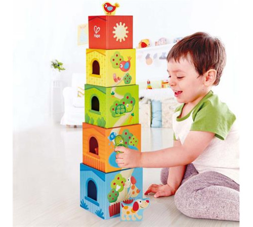 Дерев'яні кубики Hape Вежа зі звірятами (E0451)