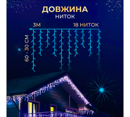 Гірлянда вулична Бахрома 100 LED світлодіодна, 3 м , білий кабель, 18 ниток, синій Гірлянда вулична Бахрома 100 LED світлодіодна, 3 м , білий кабель, 18 ниток, синій