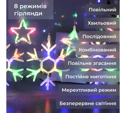 Гірлянда-штора Зірки та сніжинки, 3*0,9 м, 10 фігур, мультиколор