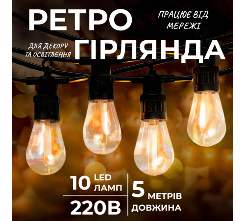 Ретро-гірлянда вулична 10 LED, 5 м, теплий білий