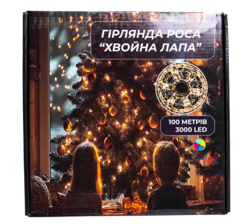 Гірлянда-нитка Роса Хвойна лапа 3000 LED, 100 м, від мережі, зелений кабель, мультиколор