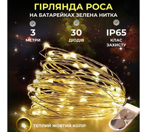 Гірлянда Роса нитка 30 LED, 3 м, на батарейках, зелена оболонка, жовтий Гірлянда Роса нитка 30 LED, 3 м, на батарейках, зелена оболонка, жовтий