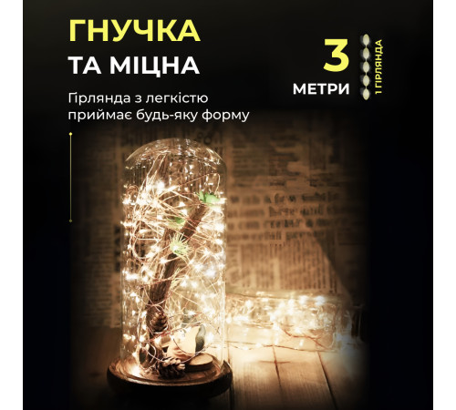Гірлянда Роса нитка 30 LED, 3 м, на батарейках, зелена оболонка, жовтий Гірлянда Роса нитка 30 LED, 3 м, на батарейках, зелена оболонка, жовтий