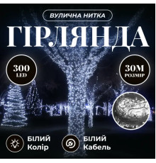 Гірлянда-нитка вулична Різдвяна фея 300 LED, 30 м, від мережі, білий кабель, білий
