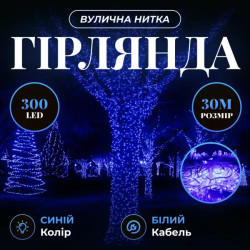 Гірлянда-нитка вулична Різдвяна фея 300 LED, 30 м, від мережі, білий кабель, синій