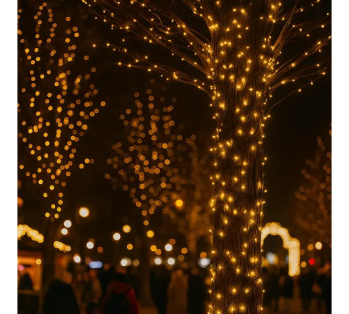 Гірлянда-нитка вулична Різдвяна фея 300 LED, 30 м, від мережі, чорний кабель, жовтий