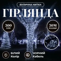Гірлянда-нитка вулична Різдвяна фея 300 LED, 30 м, від мережі, чорний кабель, білий