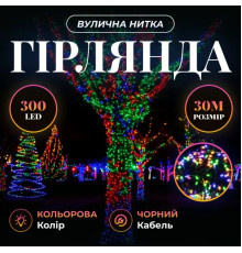 Гірлянда-нитка вулична Різдвяна фея 300 LED, 30 м, від мережі, чорний кабель, мультиколор