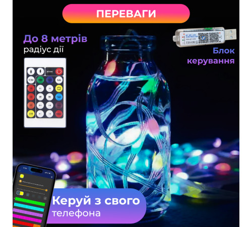 Смарт-гірлянда 200 LED, 2 м, з керуванням зі смартфона, мультиколор Смарт-гірлянда 200 LED, 2 м, з керуванням зі смартфона, мультиколор