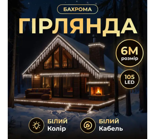 Гірлянда вулична Бахрома 135 LED, 6 м, від мережі, білий кабель, білий
