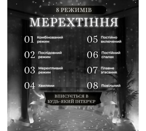 Гірлянда Водоспад 3х3 м 270 LED (560 L) лампочок, світлодіодна, прозорий дріт, 10 ниток, 8 режимів, білий Гірлянда Водоспад 3х3 м 270 LED (560 L) лампочок, світлодіодна, прозорий дріт, 10 ниток, 8 режимів, білий