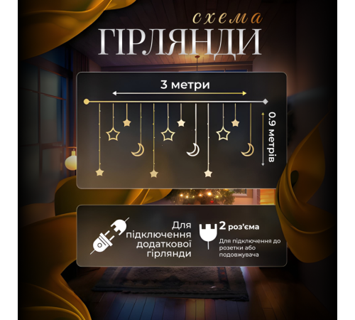 Гірлянда-штора Місяць і зірки, 3*0,9 м, 12 фігур, білий Гірлянда-штора Місяць і зірки, 3*0,9 м, 12 фігур, білий