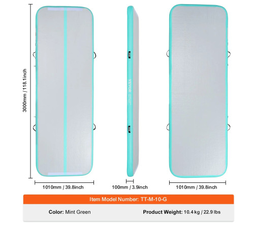 Килимок надувний VEVOR 300 x 101 x 10 см, біло-м'ятний