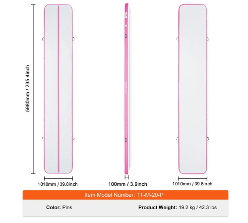 Килимок надувний VEVOR 598 x 101 x 10 см, біло-рожевий