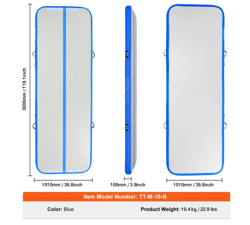 Килимок надувний VEVOR 300 x 101 x 10 см, біло-синій